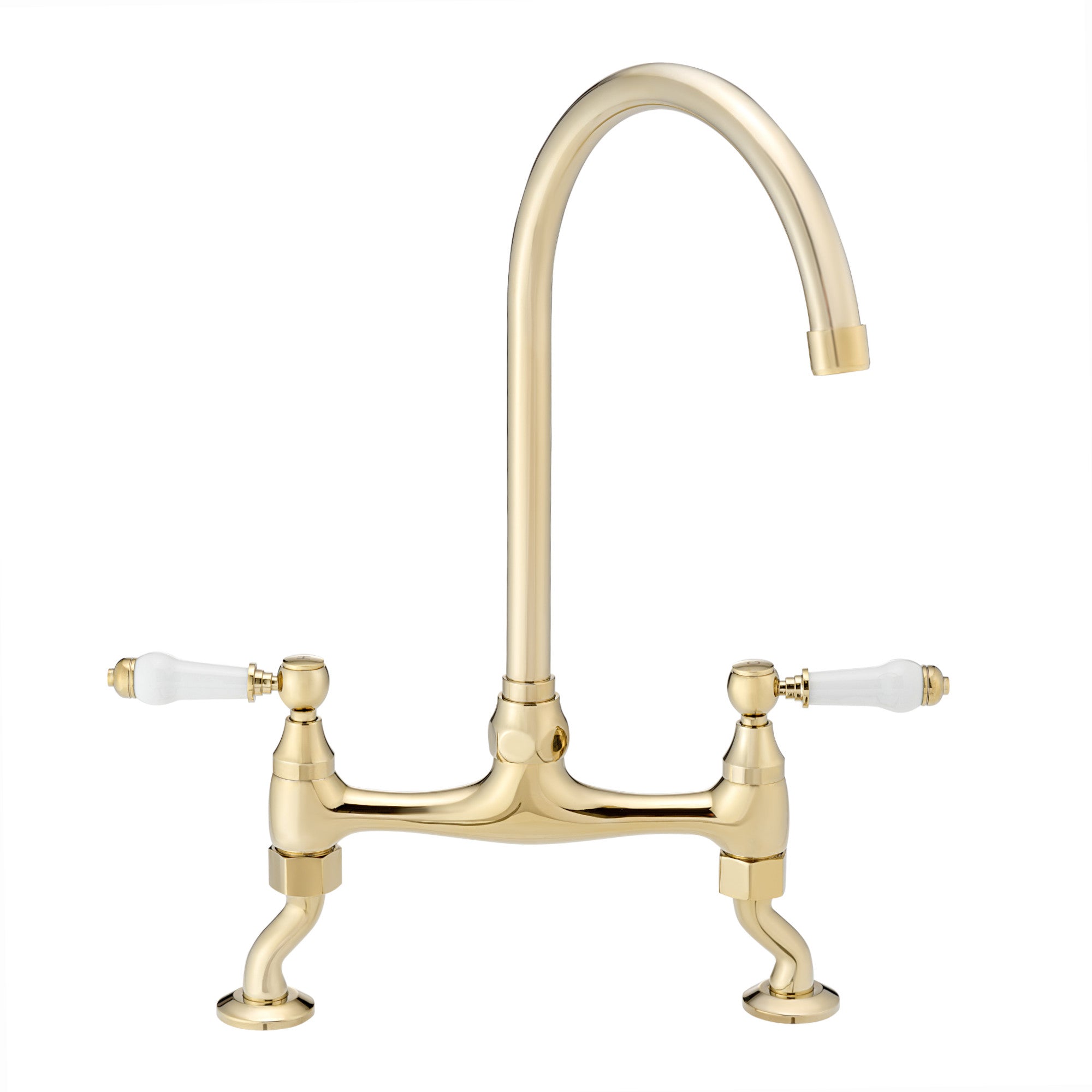 Astbury traditional bridge kitchen mixer  tap with white ceramic levers deck mounted - gold